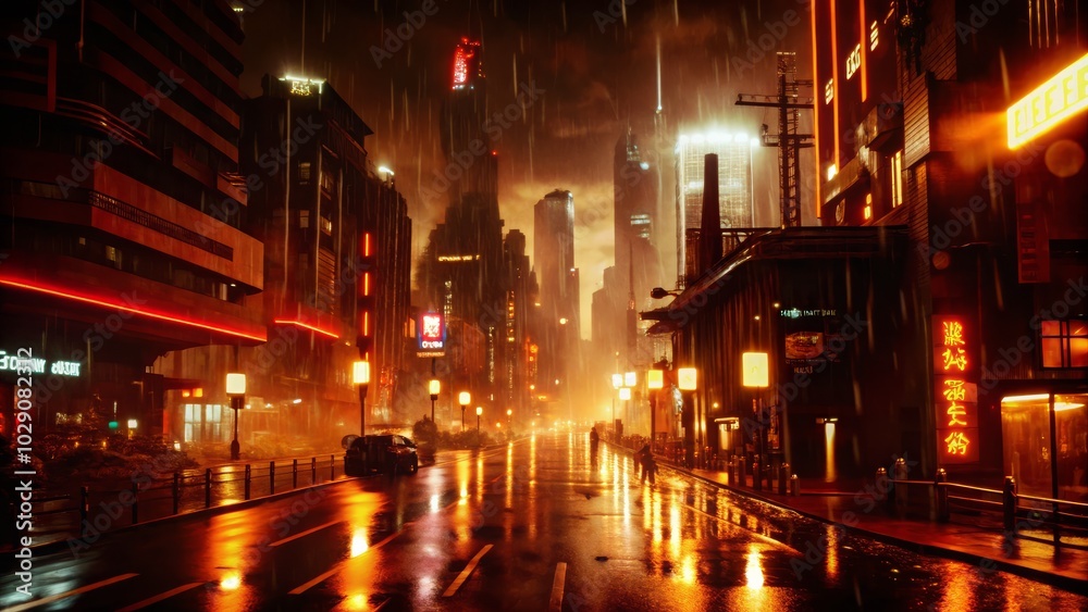 Fototapeta premium Futuristic city scene in a cyberpunk style, showcasing rain-soaked streets at night.