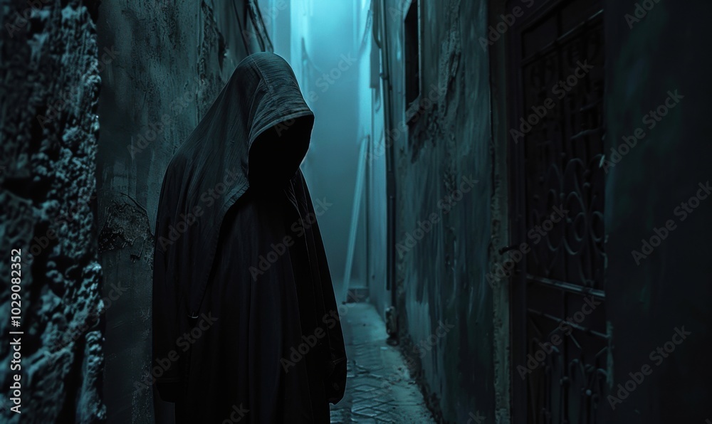 Mysterious hooded figure in a dark alley, 4K hyperrealistic photo Mysterious hooded figure in a dark alley, 4K hyperrealistic photo