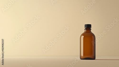 Dark Amber Glass Bottle with Cylindrical Shape and Black Screw Cap, Positioned Vertically Against Light Beige Background Transitioning to Darker Shade, Subtle Reflection Highlighting Smooth Texture