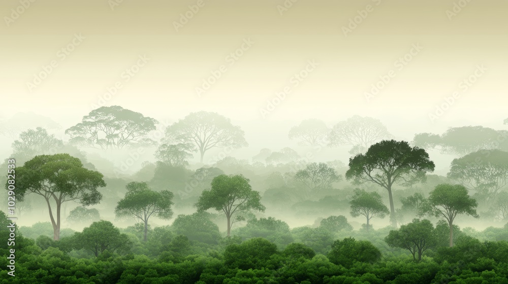 Fototapeta premium Misty forest landscape with lush greenery