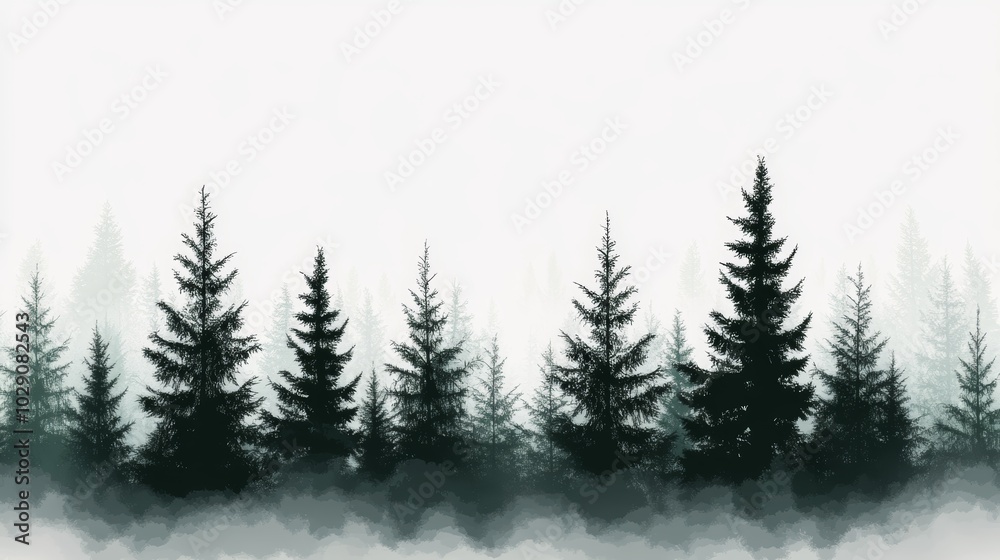 Misty forest landscape with evergreen trees Misty forest landscape with evergreen trees