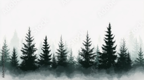 Misty forest landscape with evergreen trees