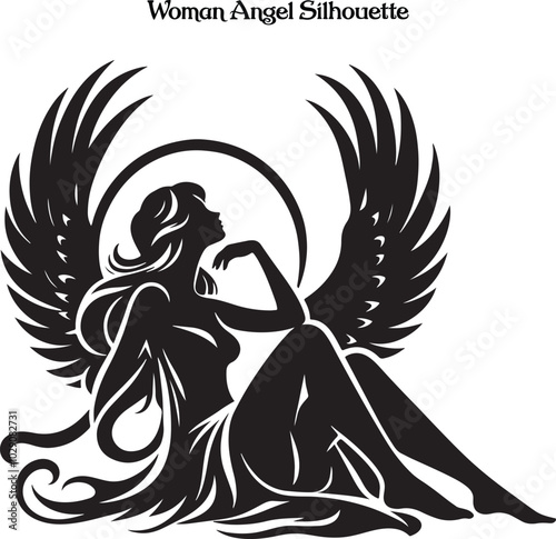 A woman angel silhouette stands gracefully, her flowing wings arched high, exuding serenity and strength. Her poised figure and gentle posture evoke a sense of divine beauty, peace, and ethereal grace