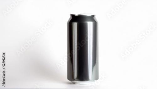 A sleek, dark gray aluminum can stands tall against a bright white backdrop. Its smooth surface reflects light subtly, creating a minimalist aesthetic.