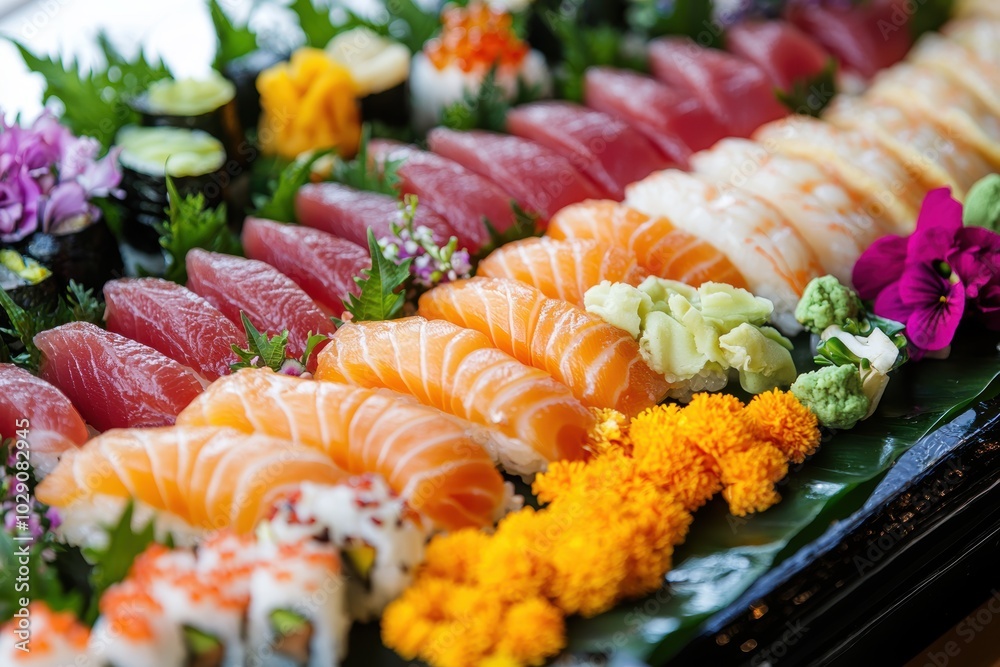 Exquisite Sushi Platter with Fresh Fish Cuts and Vibrant Garnishes for Culinary Delight Exquisite Sushi Platter with Fresh Fish Cuts and Vibrant Garnishes for Culinary Delight