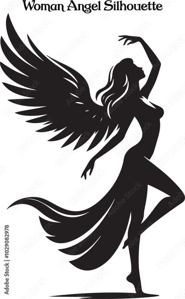 A woman angel silhouette stands gracefully, her flowing wings arched high, exuding serenity and strength. Her poised figure and gentle posture evoke a sense of divine beauty, peace, and ethereal grace