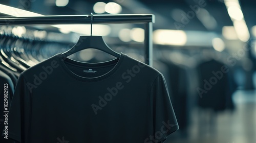 A black t-shirt draped over a sleek rack in a retail space, showcasing timeless fashion