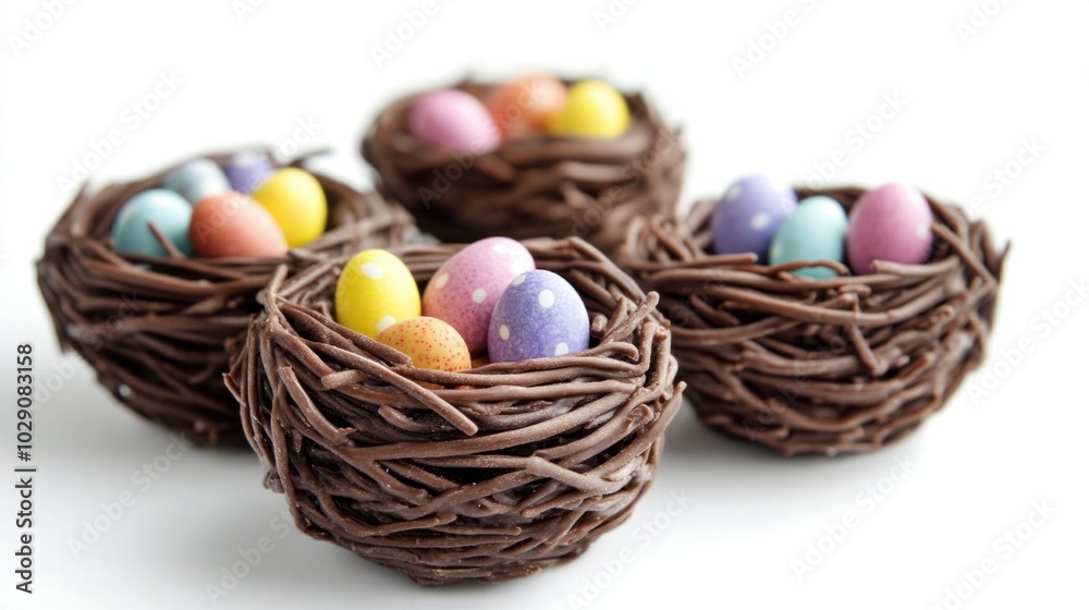 Chocolate Easter nests filled with mini candy eggs, arranged on white background, traditional Easter treat Chocolate Easter nests filled with mini candy eggs, arranged on white background, traditional Easter treat