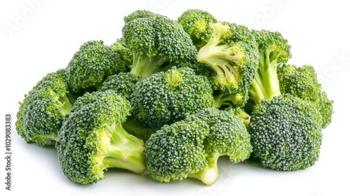 A pile of fresh broccoli florets isolated on a white background.