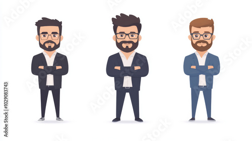 Three cartoon men with beards, glasses, and suits.