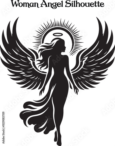 A woman angel silhouette stands gracefully, her flowing wings arched high, exuding serenity and strength. Her poised figure and gentle posture evoke a sense of divine beauty, peace, and ethereal grace