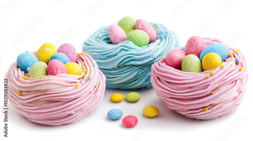 Colorful Easter meringue nests filled with candy eggs, isolated on white background, fun and festive sweets Colorful Easter meringue nests filled with candy eggs, isolated on white background, fun and festive sweets