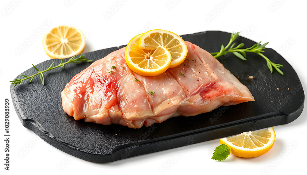 Rohes Kalbsschnitzel Filet dekoriert mit Zitronen Melisse angeboten als Draufsicht auf einem schwarzen Design Board mit Textfreiraum isolated with white highlights, png Rohes Kalbsschnitzel Filet dekoriert mit Zitronen Melisse angeboten als Draufsicht auf einem schwarzen Design Board mit Textfreiraum isolated with white highlights, png