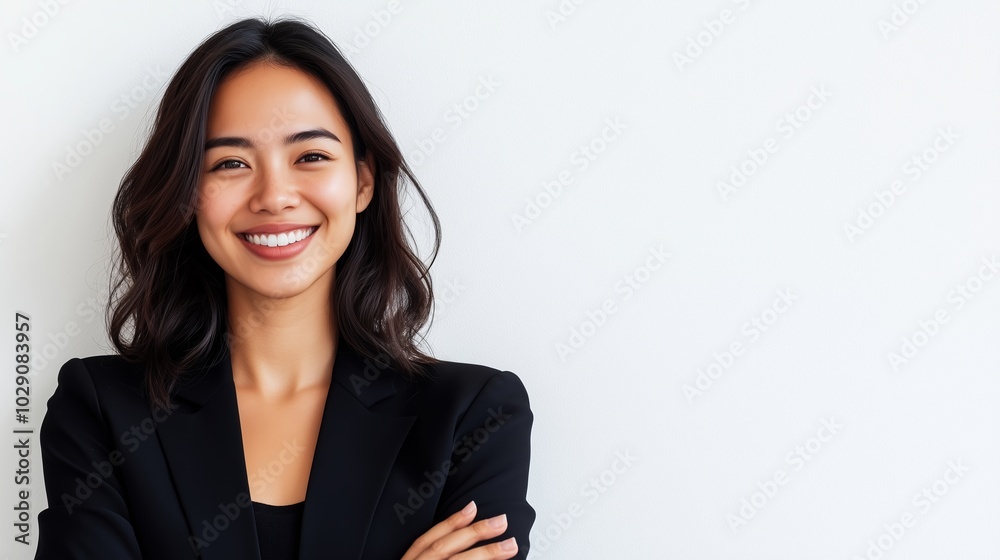 Smiling young woman in a black blazer poses confidently against a light backdrop, showcasing professionalism and warmth during a studio session Smiling young woman in a black blazer poses confidently against a light backdrop, showcasing professionalism and warmth during a studio session