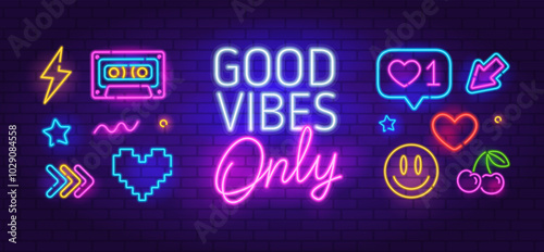 Neon sign Good Vibes Only with neon icons cafe or bar in 90s style. Neon signboard, light banner with text Good Vibes Only. Neon sign for night club, music, party. Editable vector