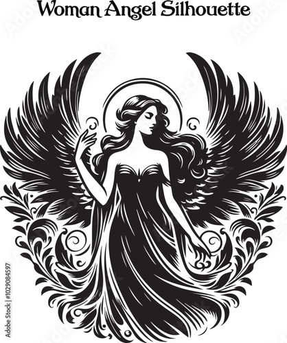 A woman angel silhouette stands gracefully, her flowing wings arched high, exuding serenity and strength. Her poised figure and gentle posture evoke a sense of divine beauty, peace, and ethereal grace