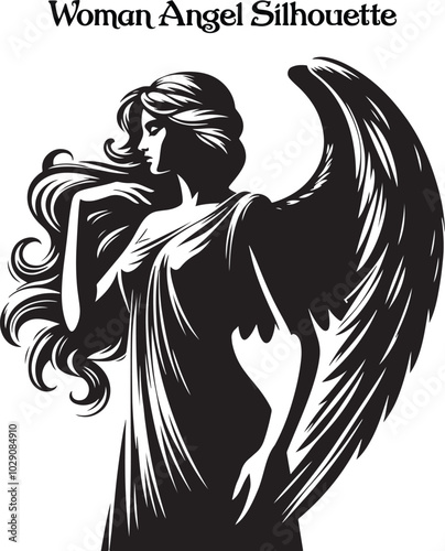A woman angel silhouette stands gracefully, her flowing wings arched high, exuding serenity and strength. Her poised figure and gentle posture evoke a sense of divine beauty, peace, and ethereal grace