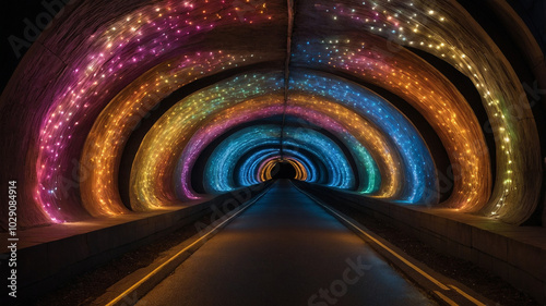 Colorful tunnel with vibrant rainbow lights creating an enchanting and mesmerizing visual experience. photo