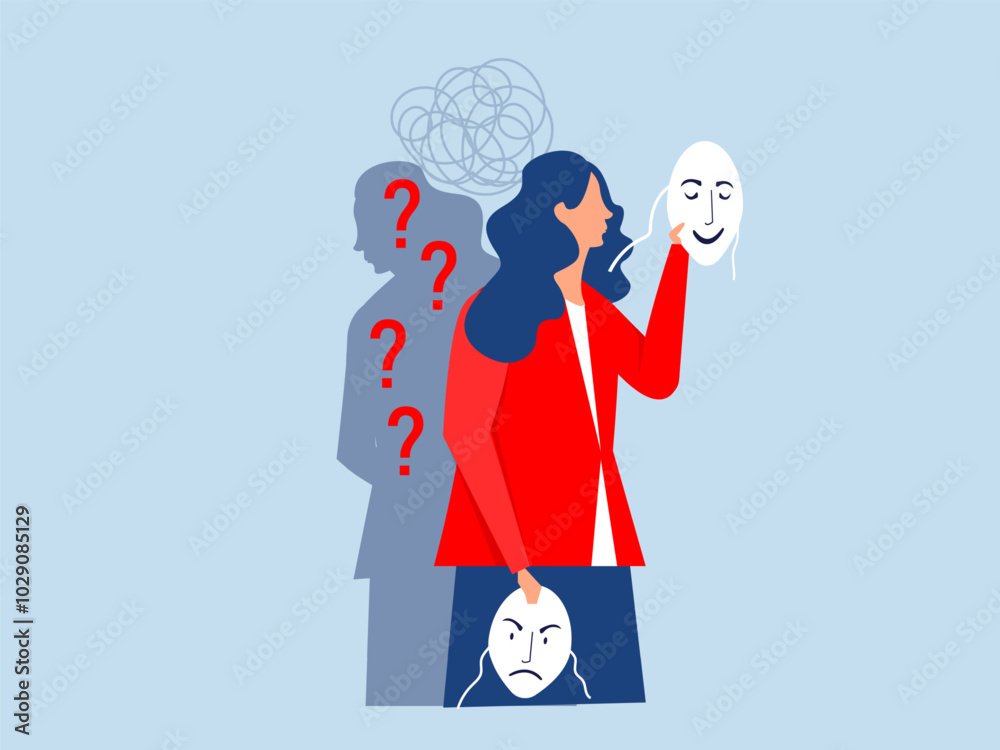 imposter syndrome, Girls trying on carnival masks with happy or sad expressions. imposter syndrome, Girls trying on carnival masks with happy or sad expressions.
