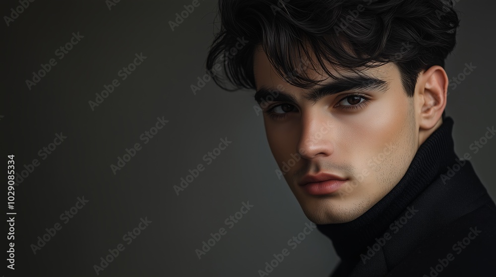 Young man with stylish hair and thoughtful expression posing against a dark background in a fashion-inspired portrait Young man with stylish hair and thoughtful expression posing against a dark background in a fashion-inspired portrait