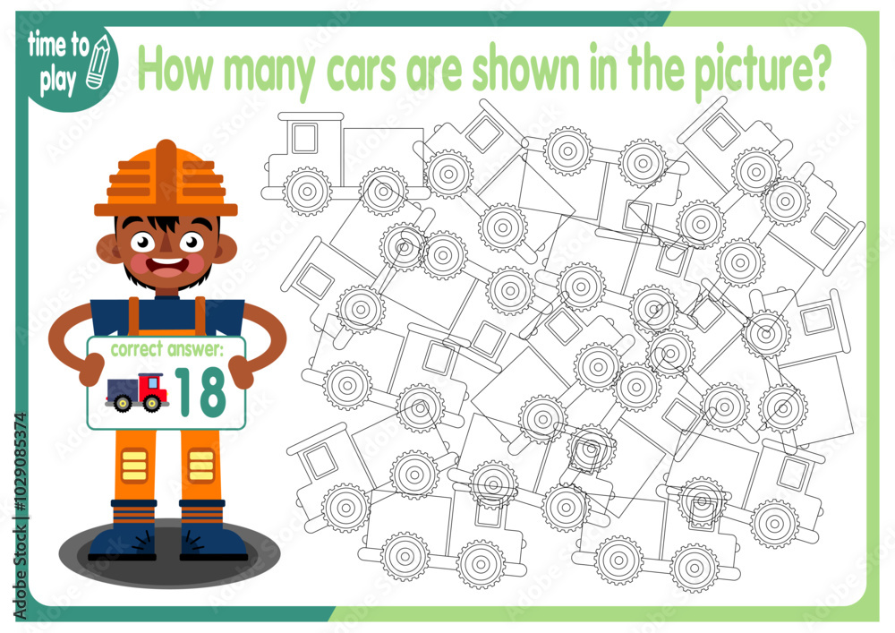 Count how many cars are hidden in the picture. How many objects are there in the picture? Educational game for children. Colorful cartoon characters. Funny vector illustration
Count how many cars are hidden in the picture. How many objects are there in the picture? Educational game for children. Colorful cartoon characters. Funny vector illustration