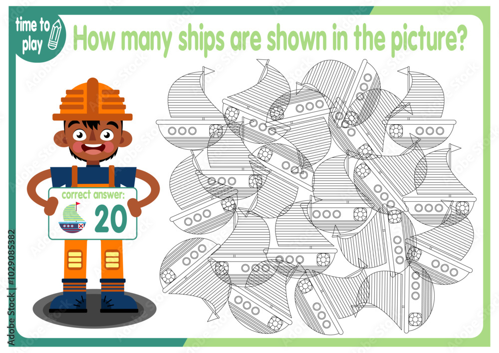 Fototapeta premium Count how many ships are hidden in the picture. How many objects are there in the picture? Educational game for children. Colorful cartoon characters. Funny vector illustration 