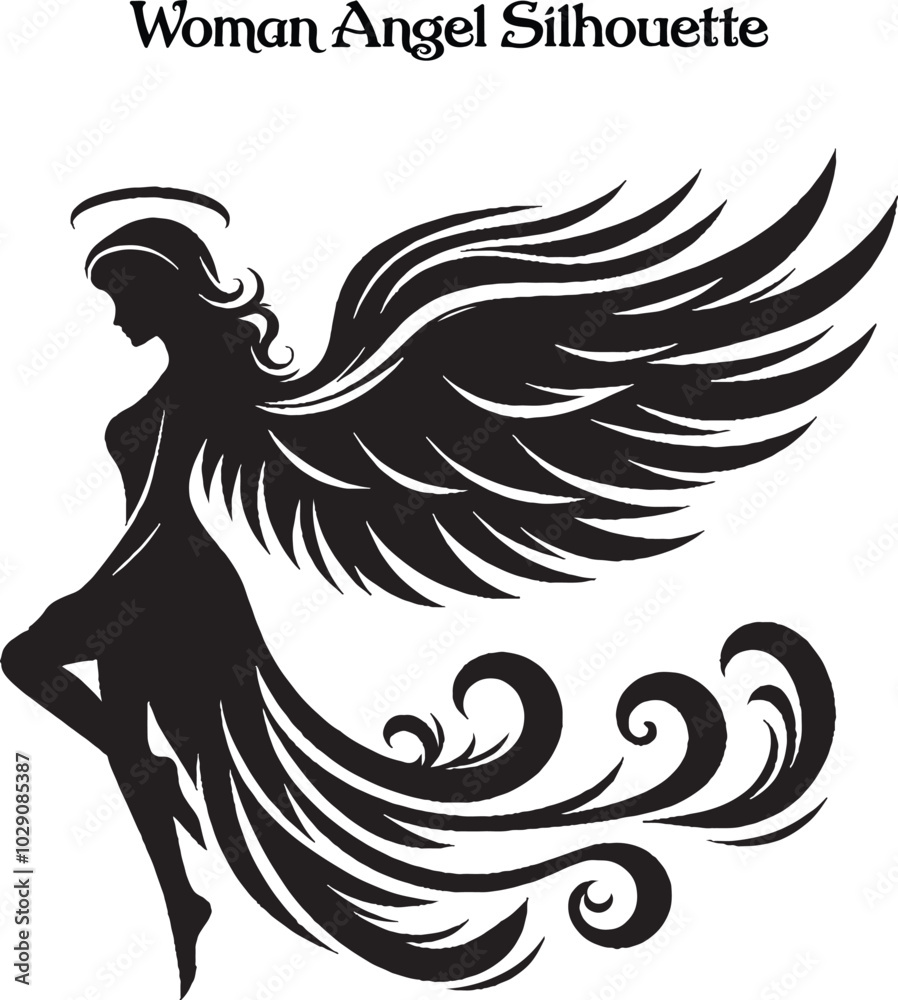 Obraz premium A woman angel silhouette stands gracefully, her flowing wings arched high, exuding serenity and strength. Her poised figure and gentle posture evoke a sense of divine beauty, peace, and ethereal grace