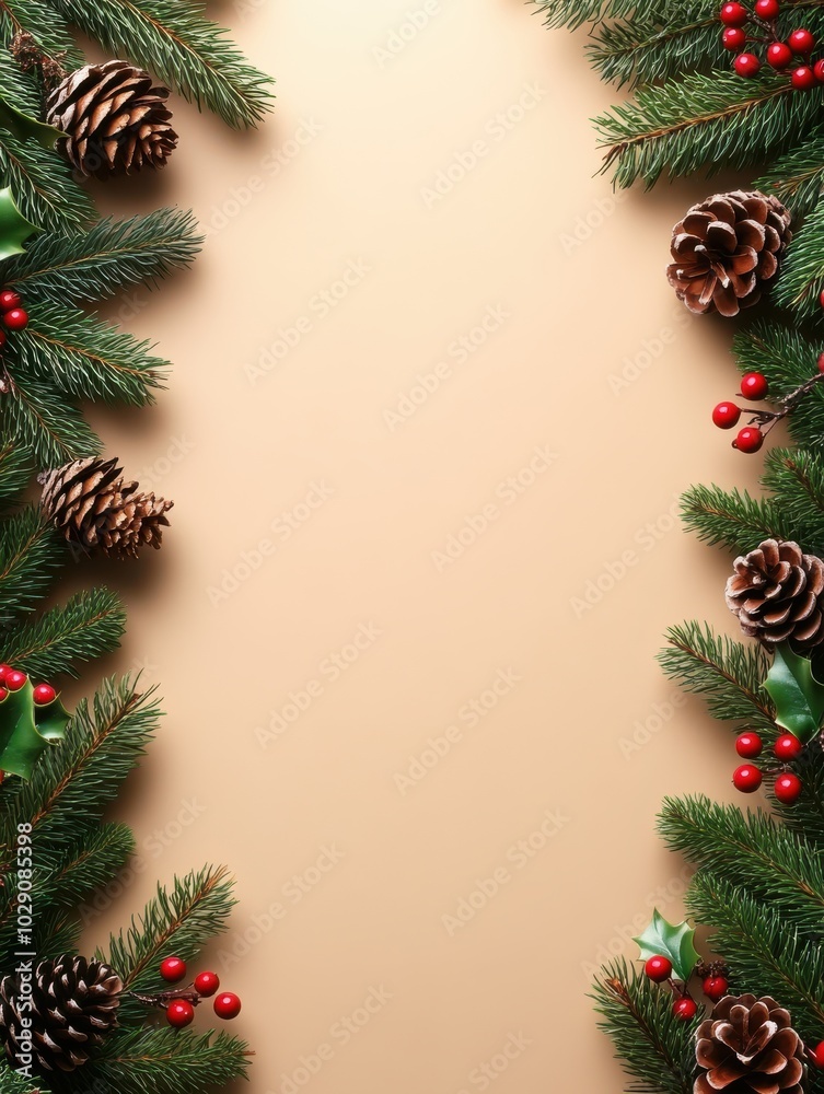 Festive Holiday Background with Pinecones, Evergreen Branches, and Red Berries for Christmas and Winter Celebration Invitations Festive Holiday Background with Pinecones, Evergreen Branches, and Red Berries for Christmas and Winter Celebration Invitations