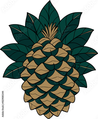 Stylized pine cone with bold leaves illustration