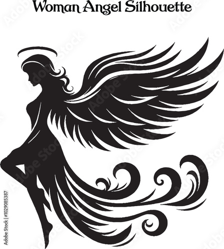 A woman angel silhouette stands gracefully, her flowing wings arched high, exuding serenity and strength. Her poised figure and gentle posture evoke a sense of divine beauty, peace, and ethereal grace