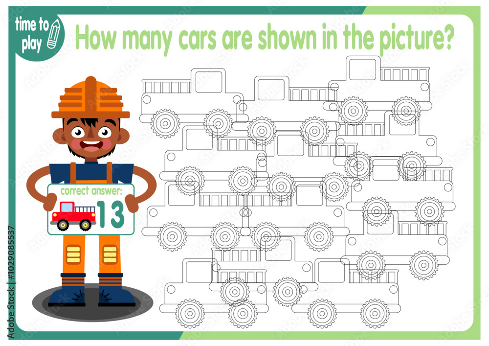 Count how many cars are hidden in the picture. How many objects are there in the picture? Educational game for children. Colorful cartoon characters. Funny vector illustration
Count how many cars are hidden in the picture. How many objects are there in the picture? Educational game for children. Colorful cartoon characters. Funny vector illustration
