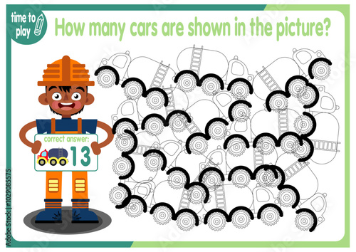 
Count how many cars are hidden in the picture. How many objects are there in the picture? Educational game for children. Colorful cartoon characters. Funny vector illustration