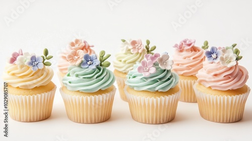 Easter cupcakes with pastel-colored frosting and tiny sugar flowers, isolated on white background