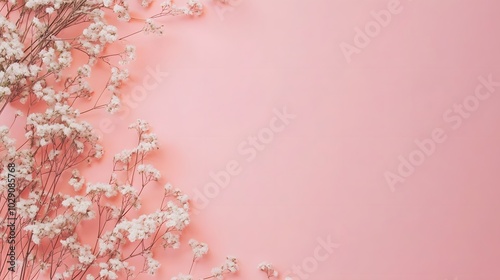 Beautiful flowers composition. Spring minimal concept. White flowers on pastel pink background. Valentines Day, Happy Women's Day. Flat lay, top view, copy space, banner 