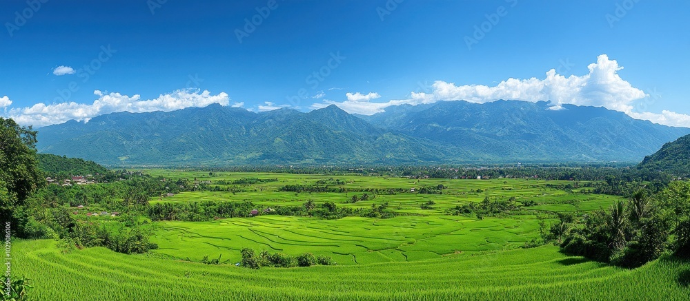 Picturesque view of a valley with lush green rice paddies and a majestic mountain range in the background. Picturesque view of a valley with lush green rice paddies and a majestic mountain range in the background.
