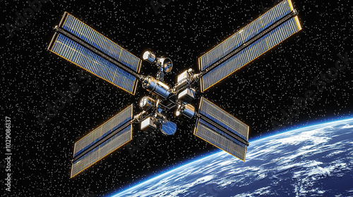 Fototapeta Naklejka Na Ścianę i Meble -  A detailed representation of a space station orbiting Earth, surrounded by stars, showcasing advanced technology and exploration.