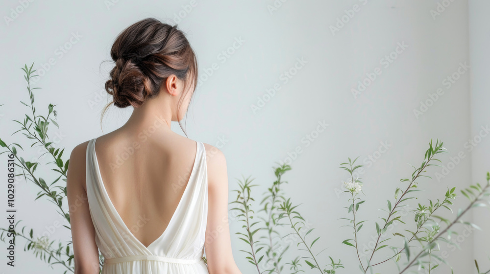 Elegant Woman in White Dress with Floral Background in Minimalist Setting Elegant Woman in White Dress with Floral Background in Minimalist Setting