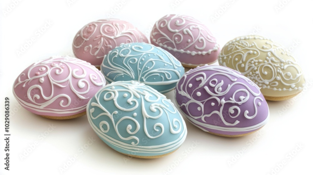Easter egg cookies with intricate icing designs in pastel colors, isolated on white background Easter egg cookies with intricate icing designs in pastel colors, isolated on white background