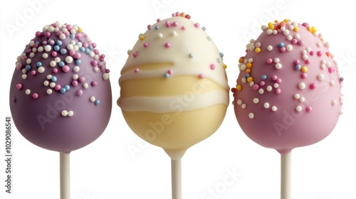 Easter egg-shaped cake pops decorated with colorful icing and sprinkles, isolated on white background