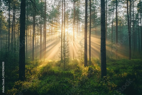 Sunbeams Illuminating a Misty Forest