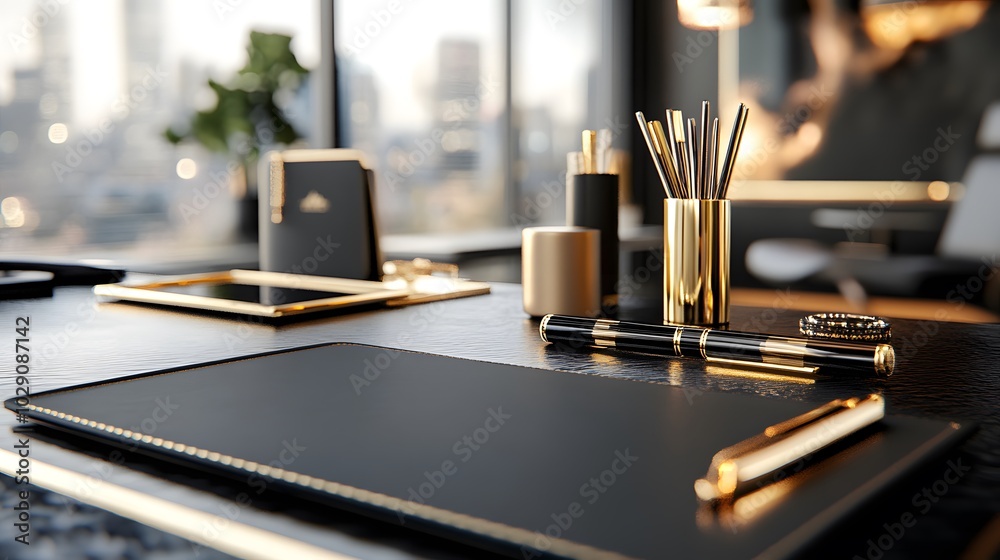 Black and Gold Desk Accessories with Cityscape View - Luxury Office Supplies for Productivity and Style. Black and Gold Desk Accessories with Cityscape View - Luxury Office Supplies for Productivity and Style.