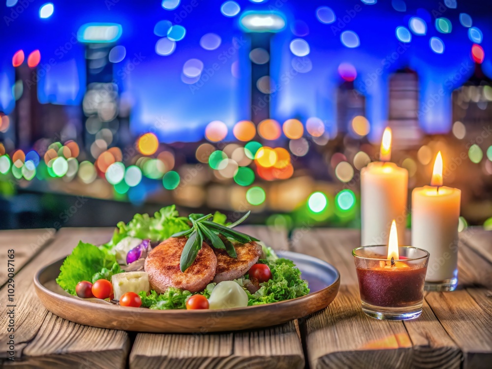 Nighttime Urban Dining with City Lights Bokeh Background for Food Photography