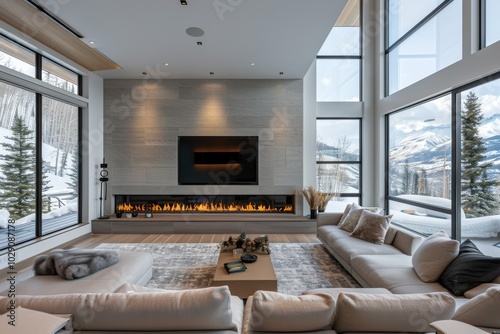 Minimal Modern Living Room with Built-in Fireplace, TV, and Large Windows Overlooking Ski Resort