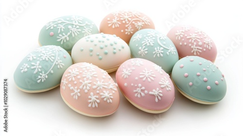 Easter egg-shaped sugar cookies with detailed icing patterns, isolated on white background, pastel colors