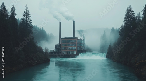 A factory with smokestacks sits on a river with a waterfall.