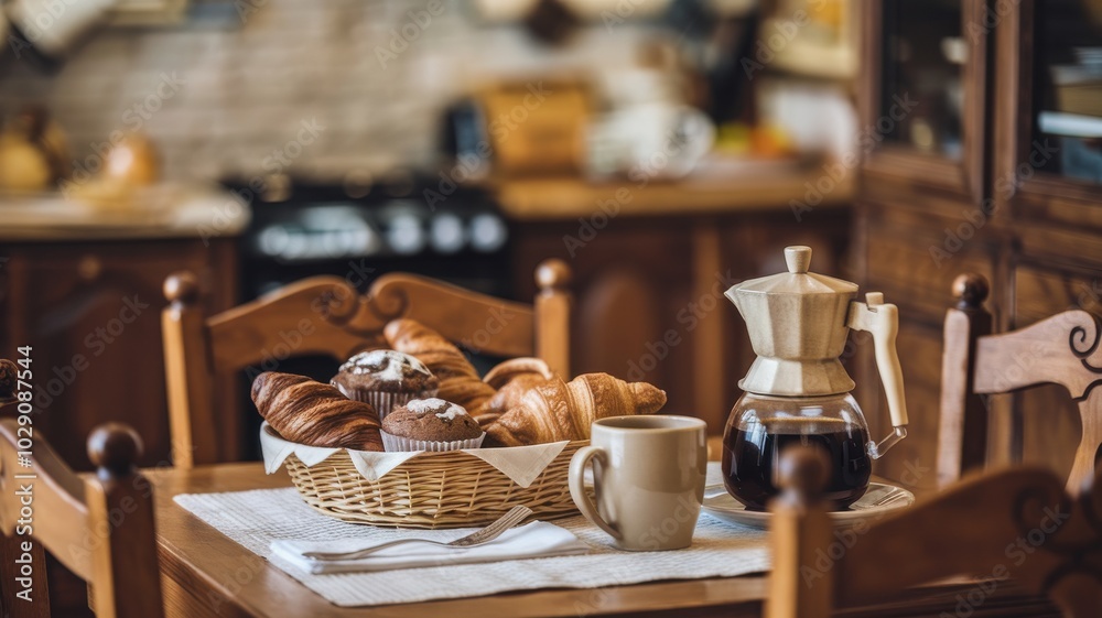 Breakfast table with coffee, pastries, and a cozy kitchen atmosphere. Breakfast table with coffee, pastries, and a cozy kitchen atmosphere.