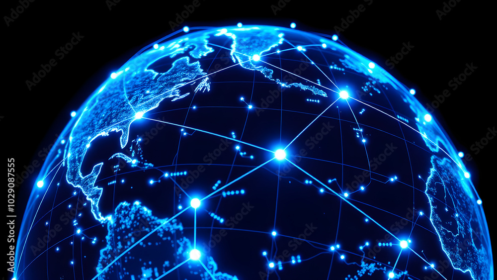 Digital world map with bright connecting points and lines, Generative AI Digital world map with bright connecting points and lines, Generative AI