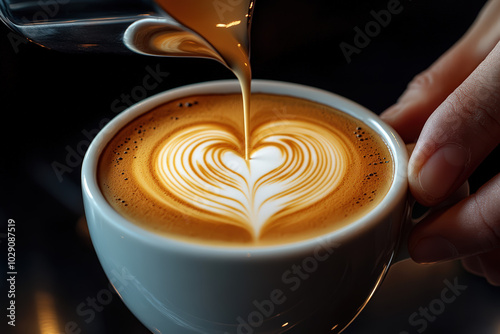A latte art heart is created in a creamy coffee cup, showcasing skilled pouring techniques and an inviting beverage.