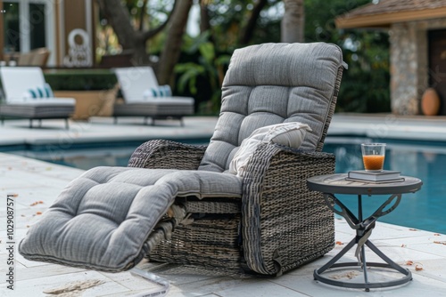 Gray Wicker Outdoor Patio Recliner Chair with Side Table Near Pool in Gauguin-Inspired Setting photo