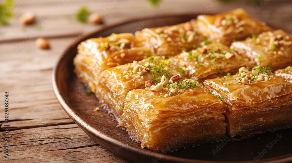 Freshly baked baklava with syrup and chopped nuts sprinkled on top Freshly baked baklava with syrup and chopped nuts sprinkled on top
